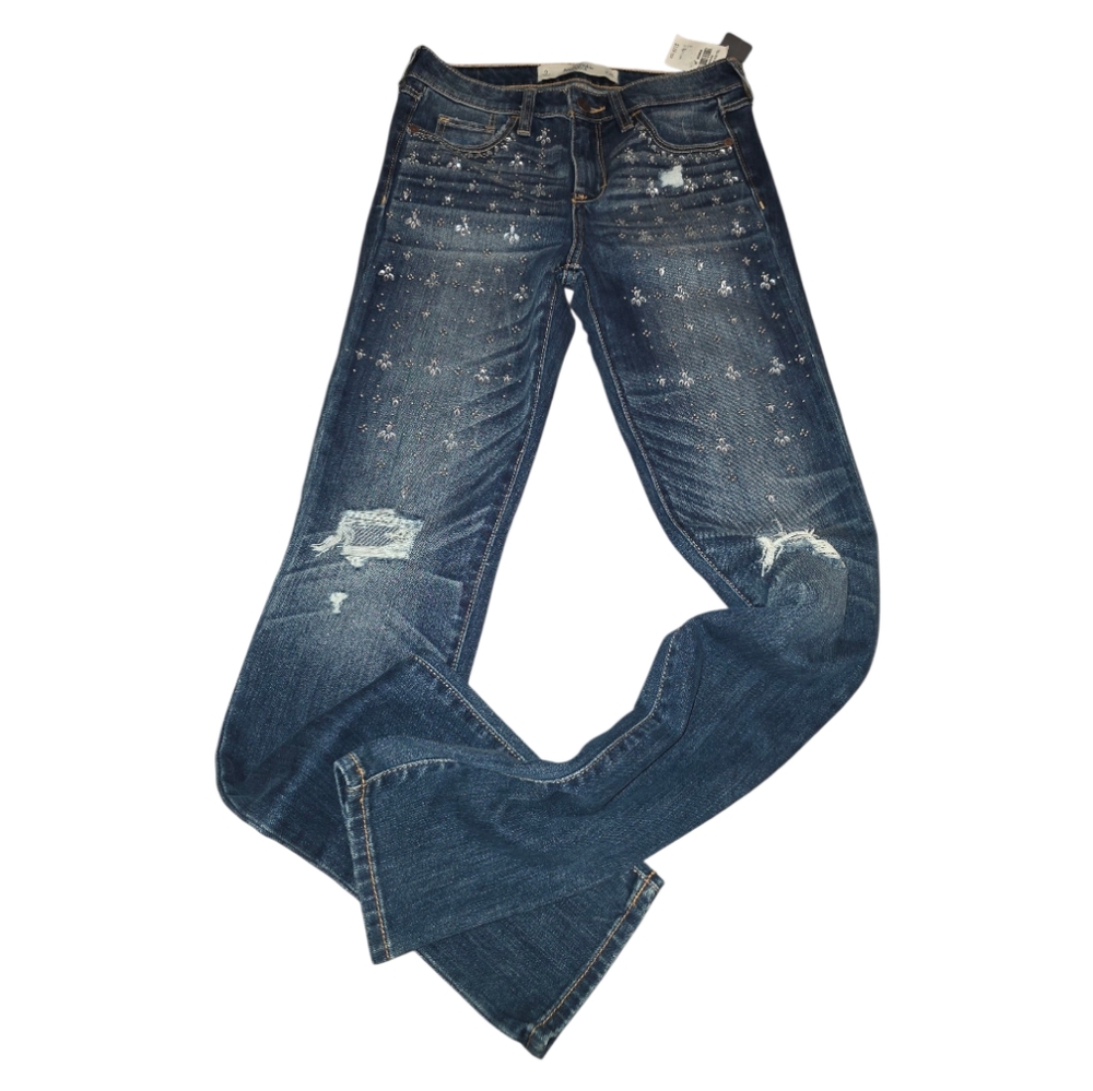 Abercrombie‎ & Fitch Embellished Distressed High Rise Super Skinny Blue Jeans 25